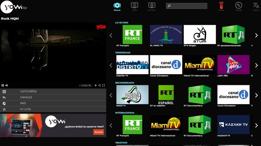 Yowi.tv, платформа для просмотра DTT в интернете