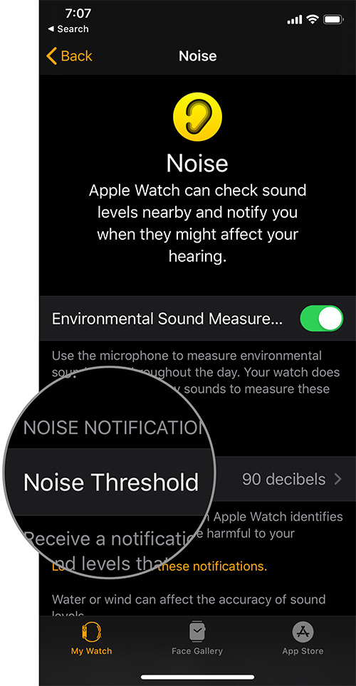 Нажмите на порог шума в настройках шума на iPhone