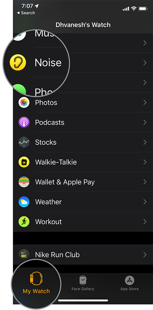 Нажмите на приложение Noice in Watch на iPhone