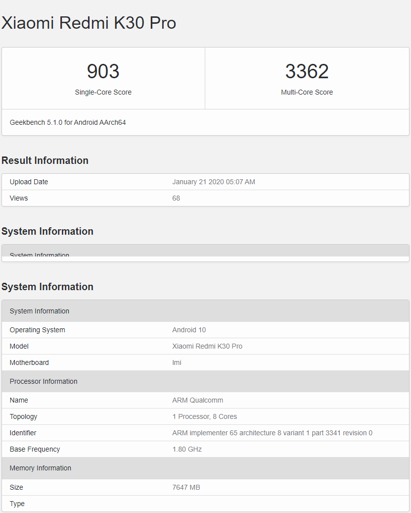 Geekbench представляет Redmi K30 Pro с Snapdragon 865 и 8 ГБ оперативной памяти