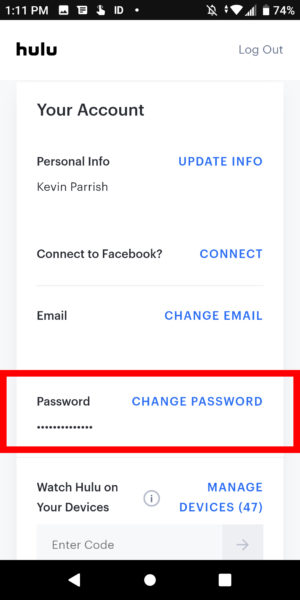 Hulu Android Изменить пароль