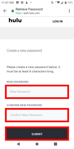 Hulu Android подтверждает новый пароль