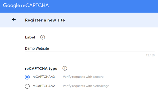Зарегистрировать новый сайт для Google reCAPTCHA