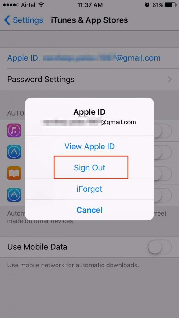 выйдите из Apple ID