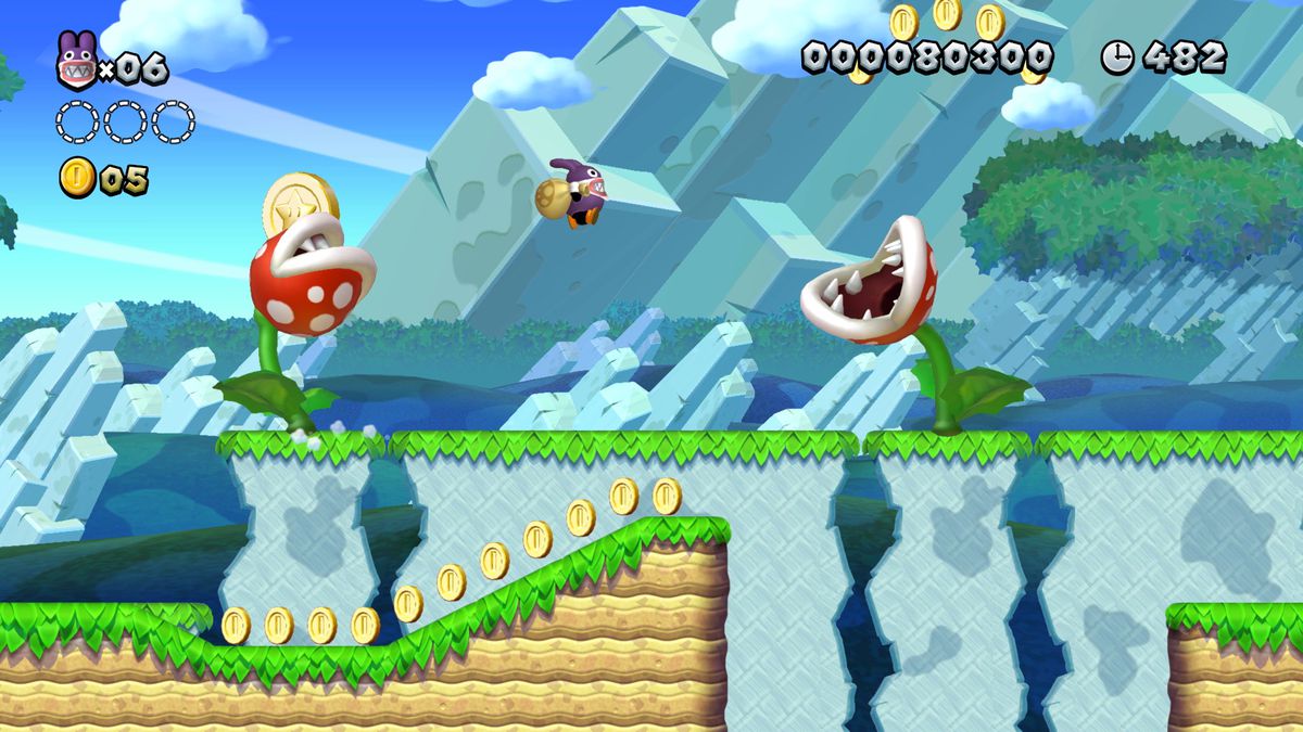 Наббит хмель над растениями пираньи в New Super Mario Bros. U Deluxe