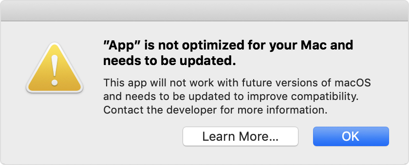Сообщение об ошибке: «Приложение» не оптимизировано для вашего Mac и требует обновления