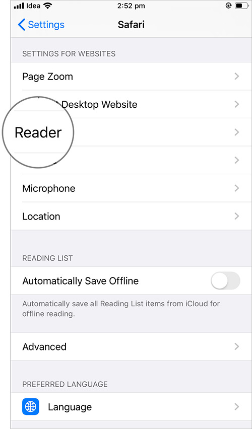 Нажмите на Reader в iOS 13 Настройки Safari