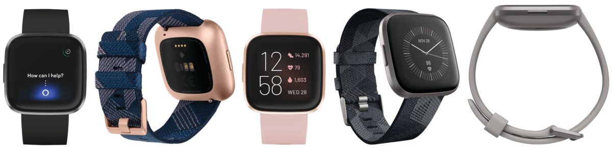 Новый Fitbit Versa Smartwatch отображает пять блоков рядом друг с другом. 