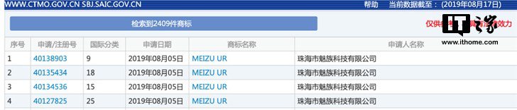 Meizu UR заявка на товарный знак