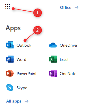 Панель запуска приложения O365 с выделенным Outlook.