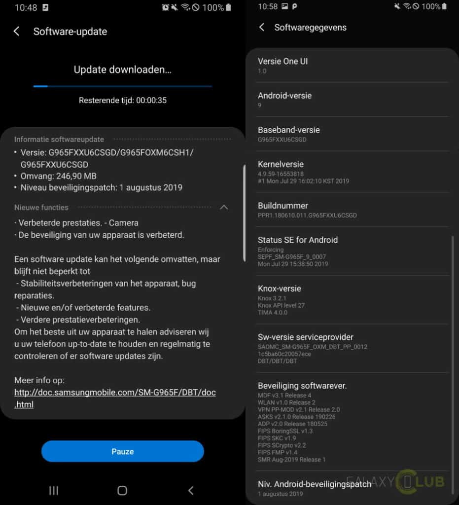 Samsung Galaxy S9 обновление августа 2019 года журнал изменений g965fxxu6csgd