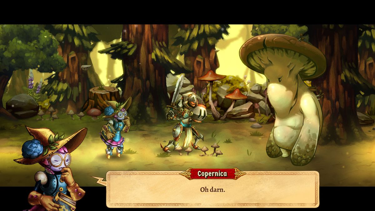 Герои сражаются со злым гигантским грибом в SteamWorld Quest