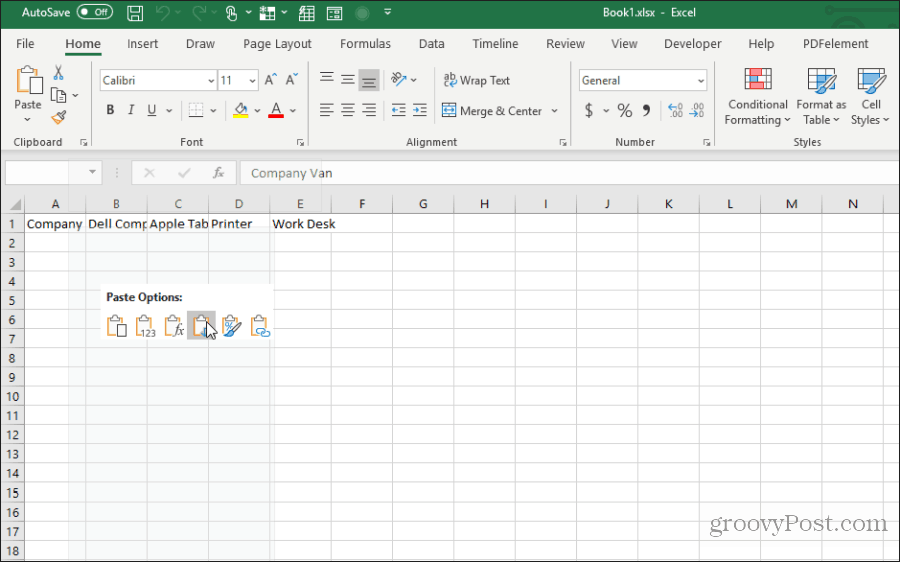 вставка с использованием транспонирования в Excel