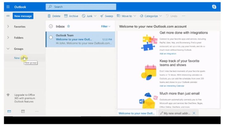 Outlook позволяет создавать группы для обмена сообщениями, файлами и событиями