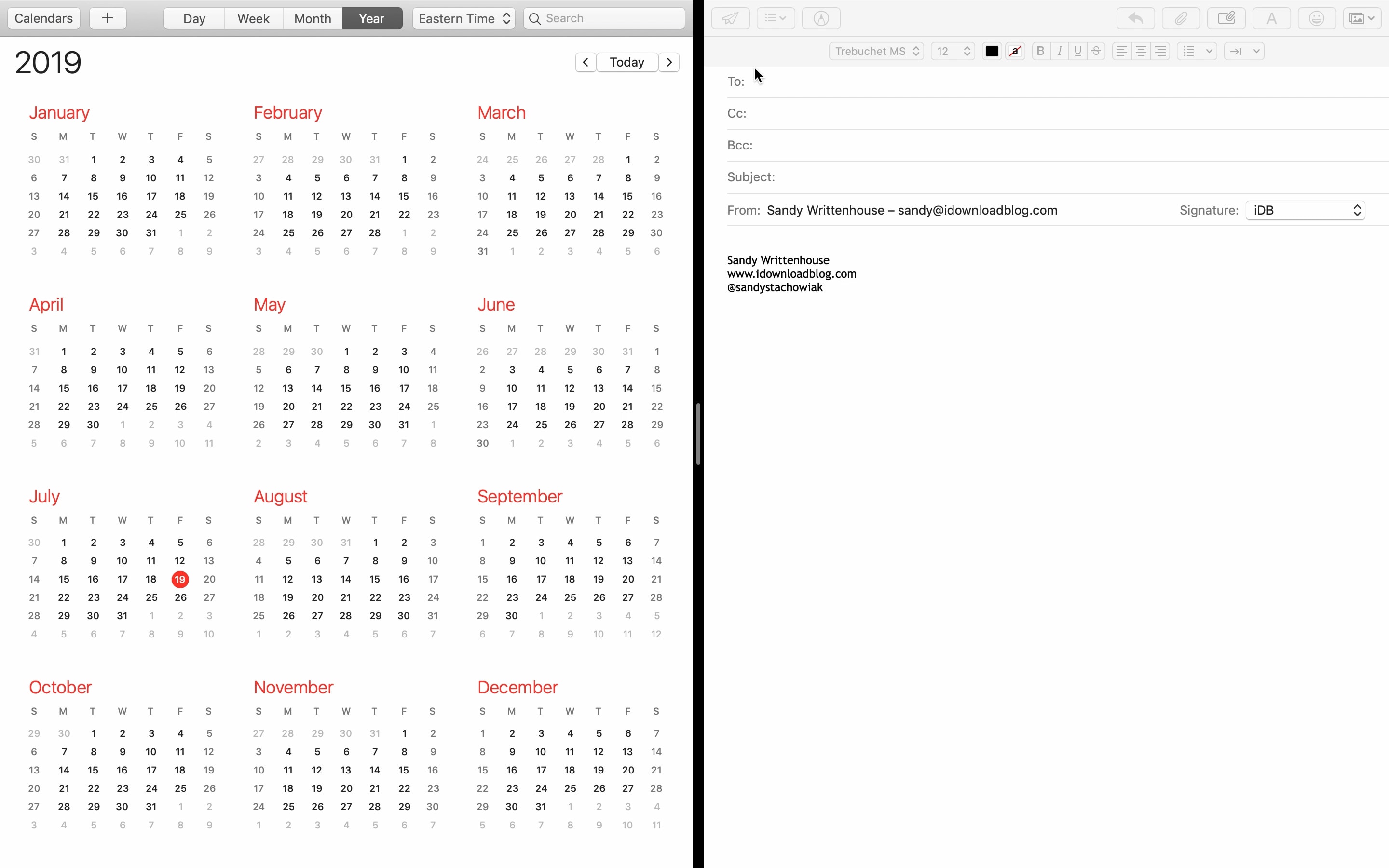 Split View Mac Календарь электронной почты