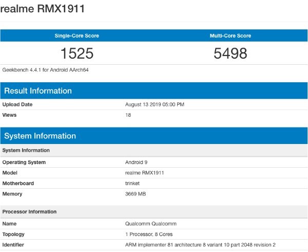 Realme 5 Geekbench Info показывает Snapdragon 665 SoC и 4 ГБ оперативной памяти 1