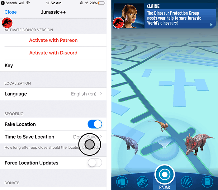 Поддельный GPS-джойстик для Jurassic World Alive на iOS без джейлбрейка