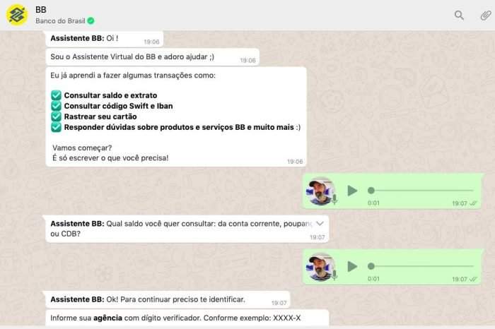 У Banco do Brasil есть бот на WhatsApp, который понимает голосовые сообщения