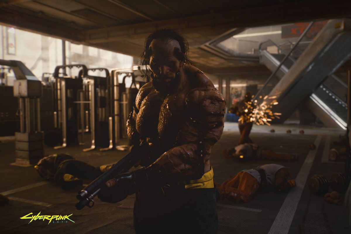 Cyberpunk 2077, E3 2019 и Gamescom - член фракции Животных наступает на игрока с ретро-помповым ружьем наготове. Его плоть связана заклепками, его гротескная мускулатура прорывается сквозь кожу.