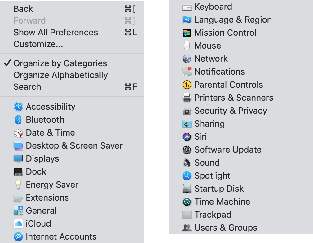 Системные настройки Просмотр списка на Mac