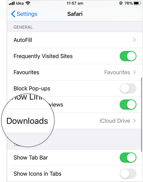 Нажмите на Загрузки в iOS 13 Настройки Safari