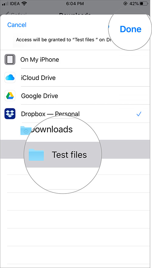 Нажмите «Готово», чтобы изменить местоположение для загрузки файла Safari по умолчанию на iPhone или iPad