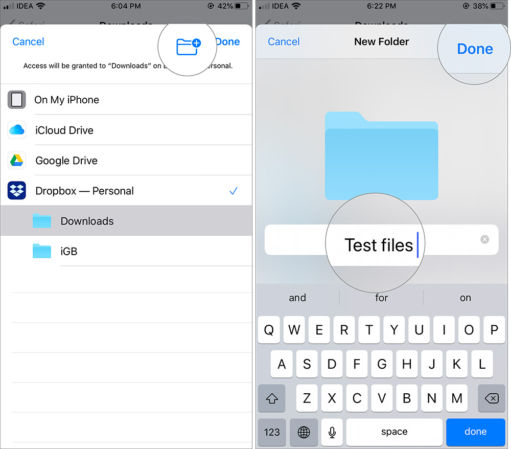 Создать новую папку для сохранения файлов загрузки Safari на iPhone