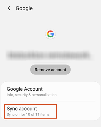 Кнопка синхронизации учетной записи в области настроек учетной записи Android