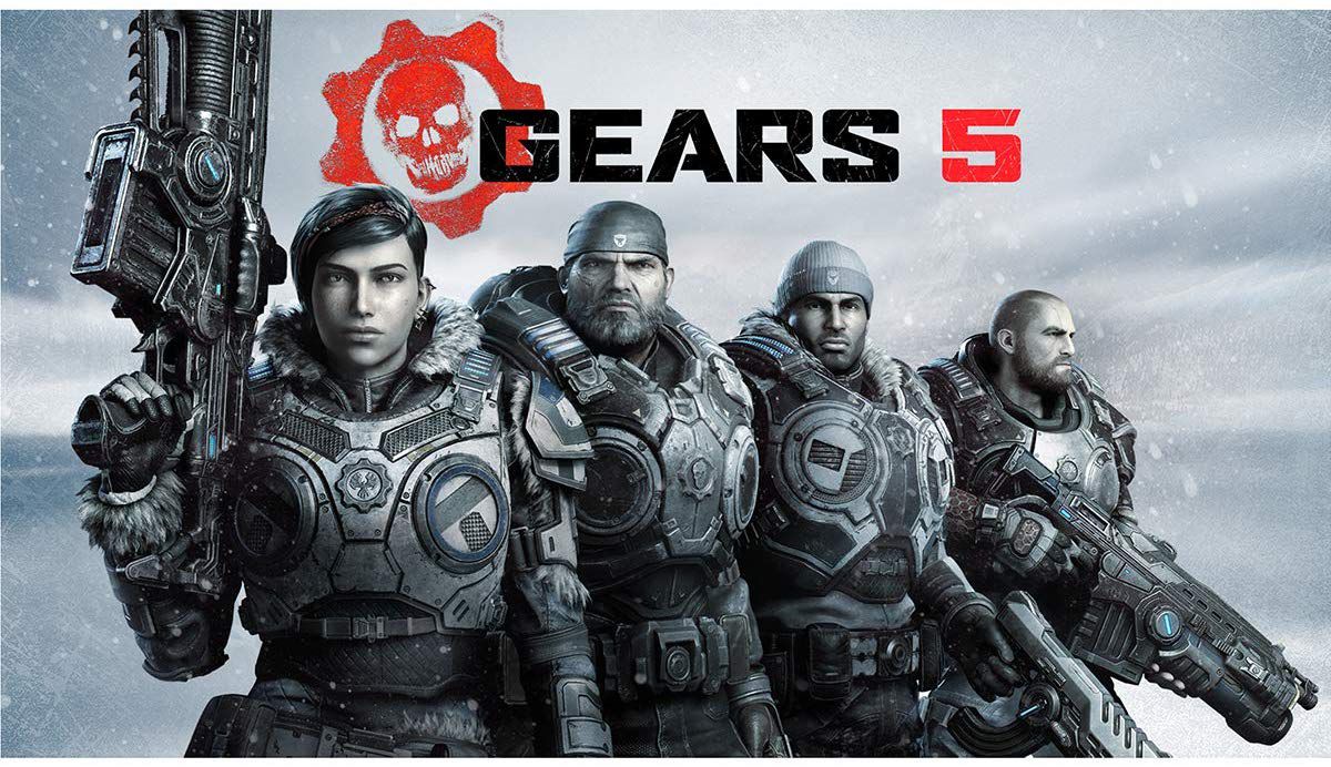 Рекламный образ для Gears 5 с командой на снежном фоне