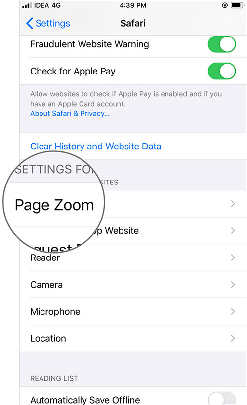 Выберите «Настройки для веб-сайтов» и нажмите на страницу «Увеличить» в iOS 13 Safari App