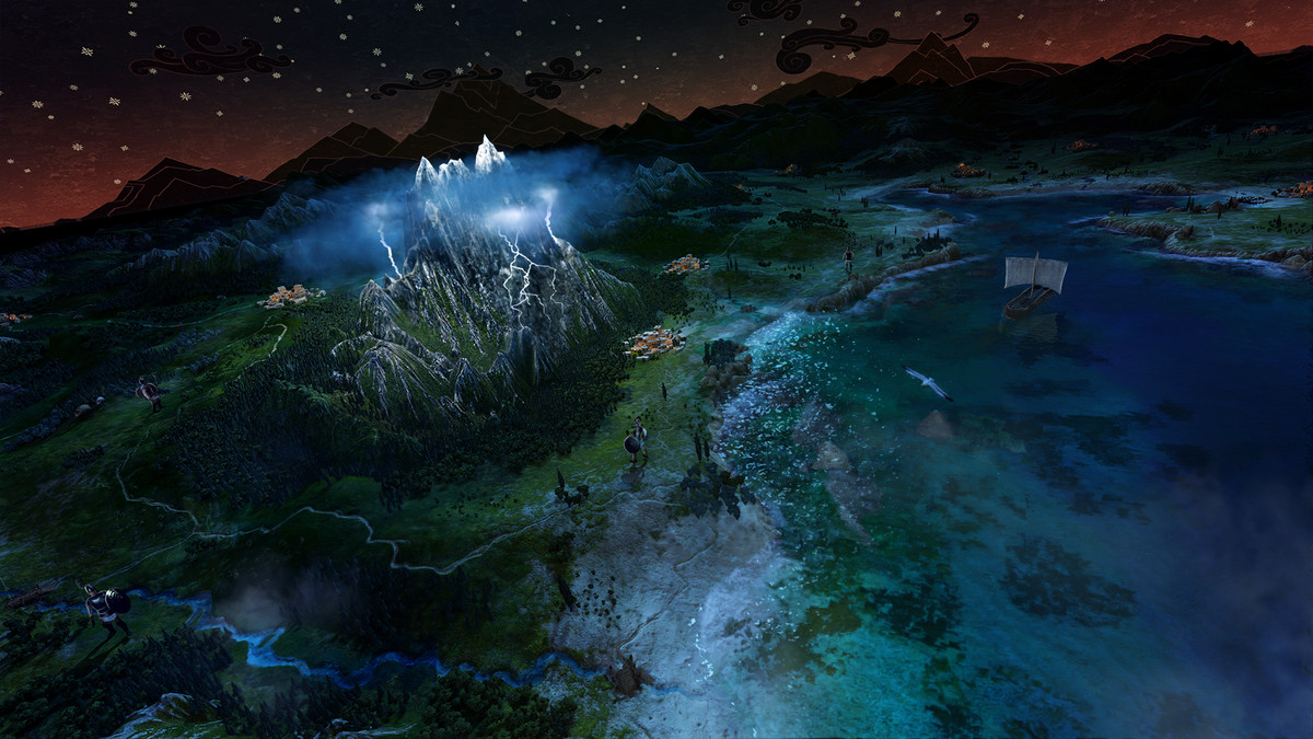Молния поражает гору ночью на карте мира "Сага о тотальной войне: Троя".