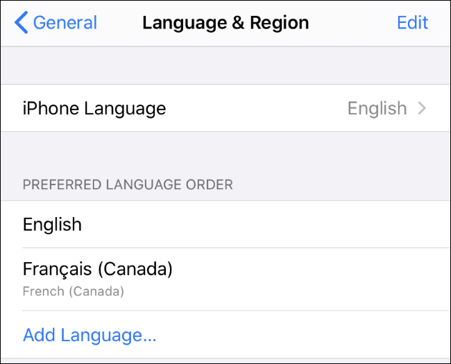 Несколько языков в списке предпочтительных языков на iPhone.