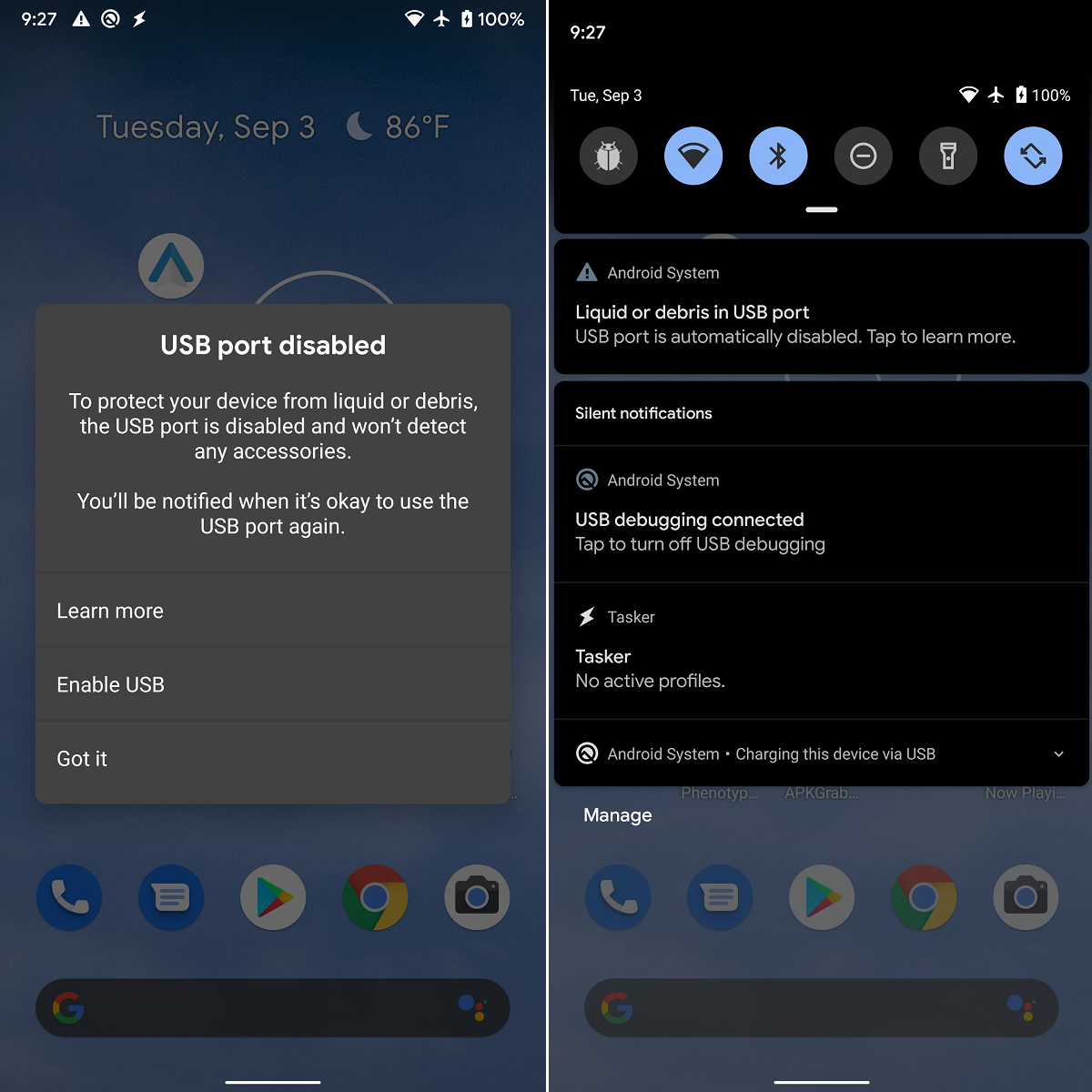 Android 10 предупреждает, если он обнаруживает частицы или нагревание на USB-порту