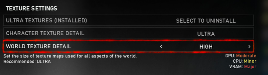 снимок экрана с настройками графики для ПК в Gears 5 с выделением «детализации текстур мира»