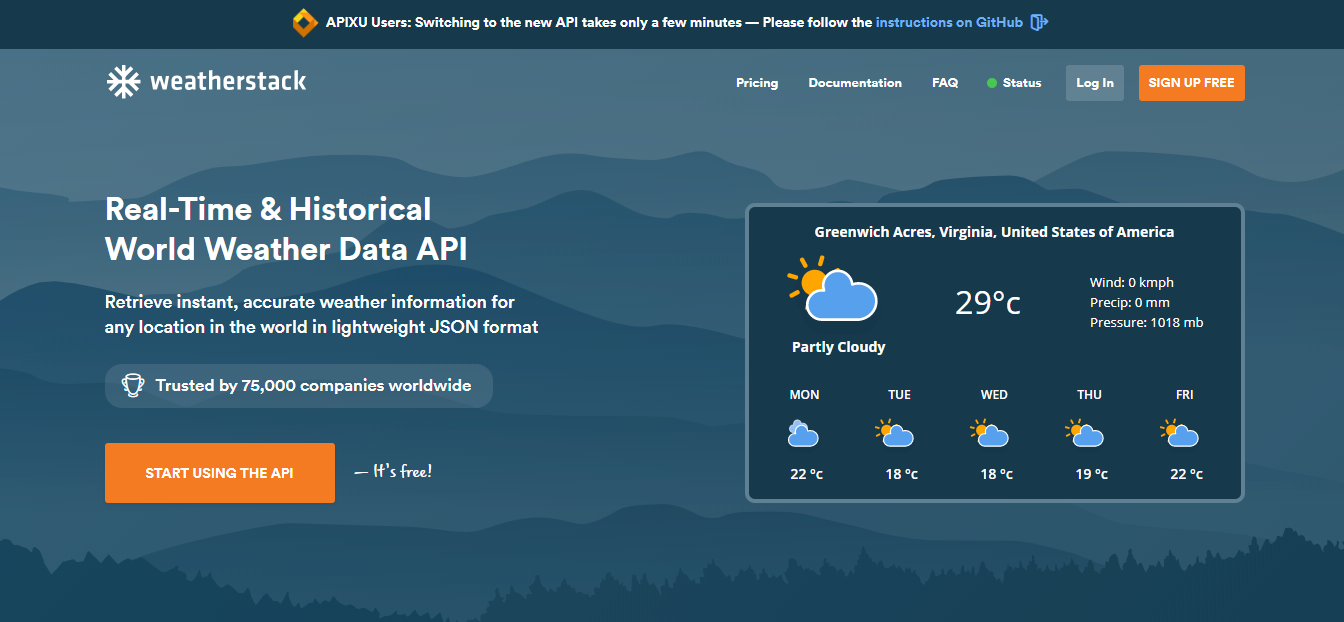 Weatherstack API Home Page
