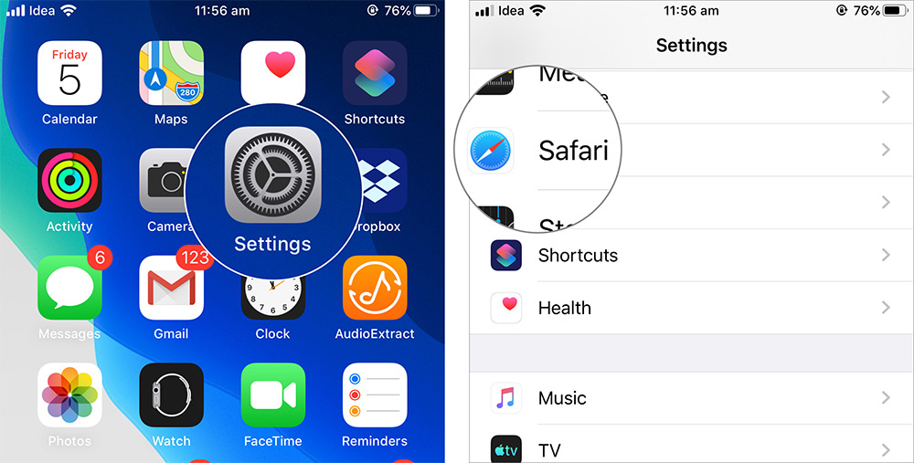 Откройте настройки и нажмите на Safari в iOS 13