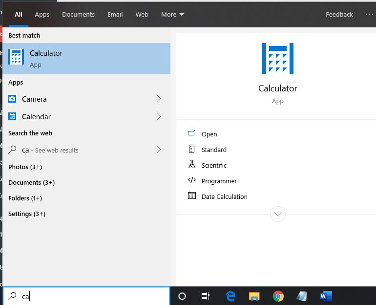 Открыть калькулятор на Windows 10, чтобы узнать процент