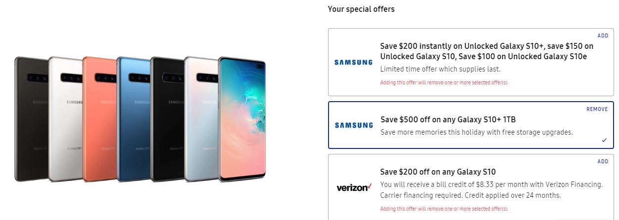 Samsung предлагает скидку 500 долларов на Galaxy Вариант S10 Plus 1 ТБ в ...