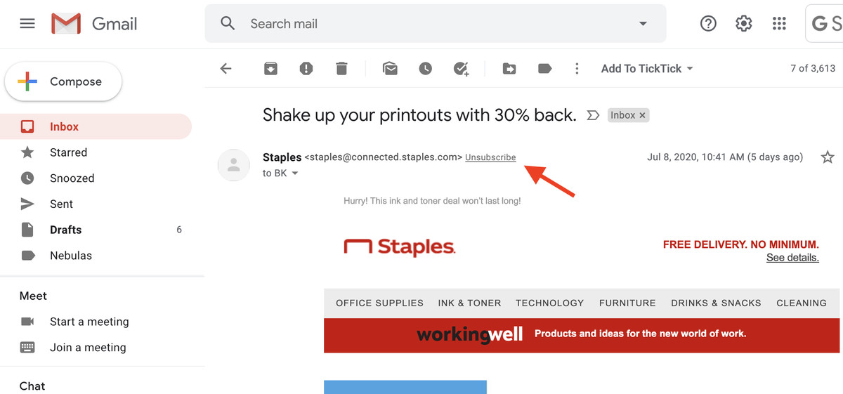 Система искусственного интеллекта Gmail помечает рекламные электронные письма ссылкой «Отписаться».